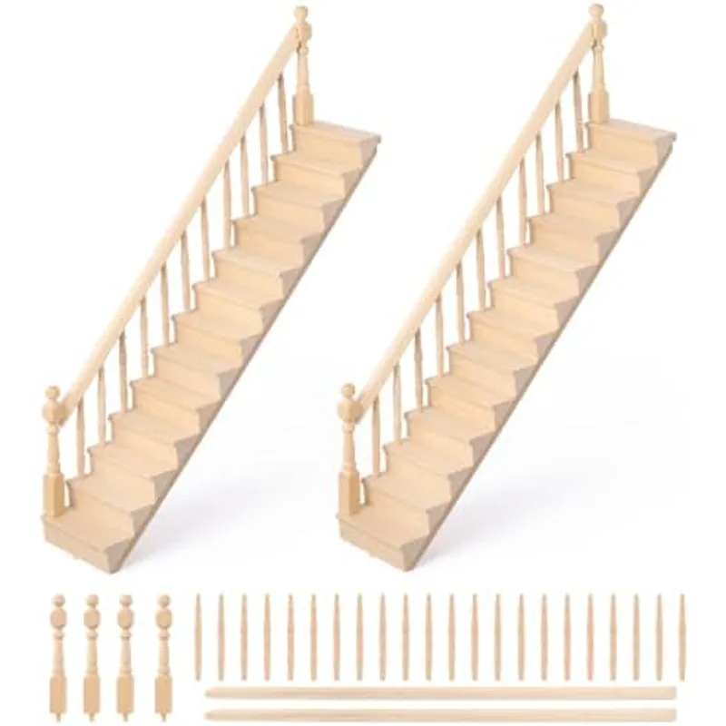 Outus 2 Set 1:12 Scale Dollhouse Stairs, Unpainted Wooden Staircase DIY Kit