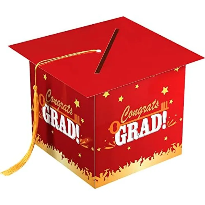 Outus 2026 Graduation Card Box with Tassel Congrats Grad Cap Card Holder for Graduation Gift Box Party Supplies, Red