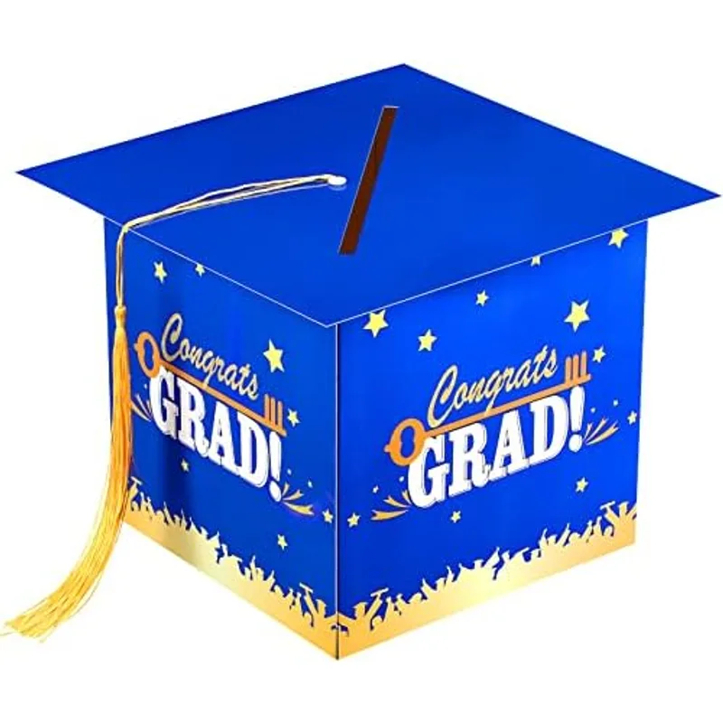 Outus 2026 Graduation Card Box with Tassel Congrats Grad Cap Card Holder for Graduation Gift Box Party Supplies, Blue