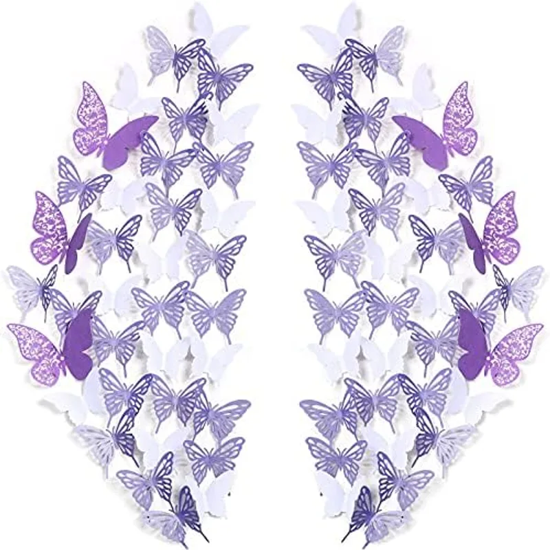 Outus 144 Pieces 3D Butterfly Wall Stickers Decor 3 Styles Butterfly Decals DIY Decorative Wall Art Cutouts Crafts Removable for Room Wedding Flower Party Decorations,(White, Purple)
