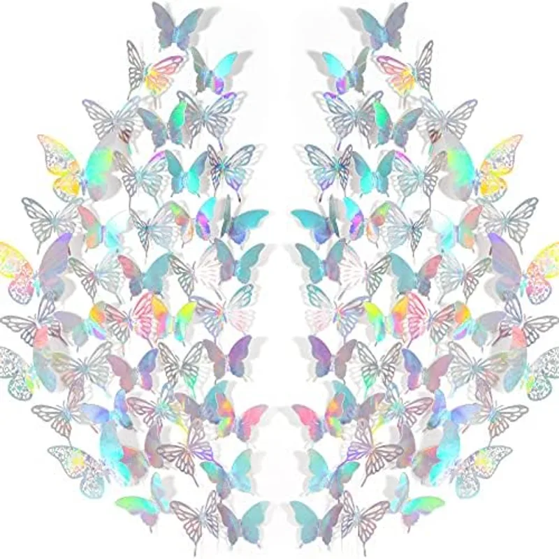 Outus 144 Pieces 3D Butterfly Wall Stickers Decor 3 Styles Butterfly Decals DIY Decorative Wall Art Cutouts Crafts Removable for Room Wedding Flower Party Decorations, (Laser)