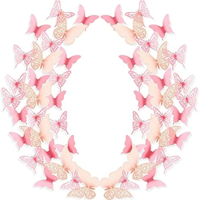 Outus 144 Pieces 3D Butterfly Wall Stickers Decor 3 Styles Butterfly Decals DIY Decorative Wall Art Cutouts Crafts Removable for Room Wedding Flower Party Decorations,(Pink)
