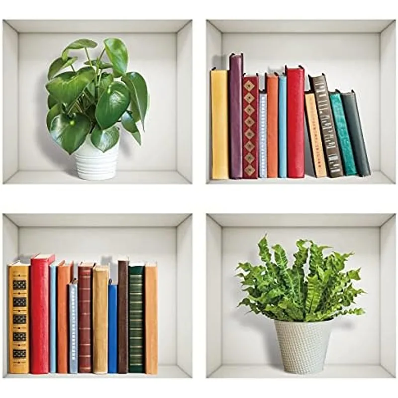 Outus 4 Sheets 3D Green Plant Wall Decals, Removable Retro Vinyl Stickers, Gray