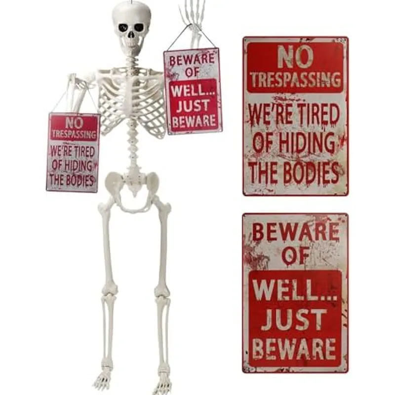 Outus 5.4 ft Posable Halloween Skeleton with 2 Pack 8x12 Inch Metal Signs, Multicolor