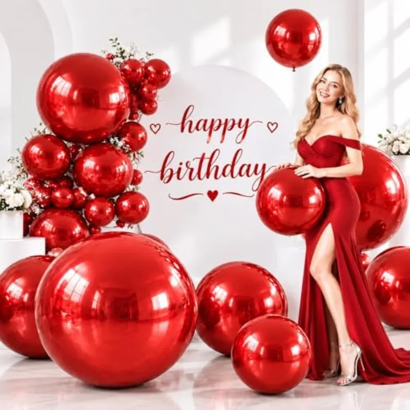 Outus 3 Pcs 50'' 32'' 22'' Giant Red Foil Metallic 4D Balloons