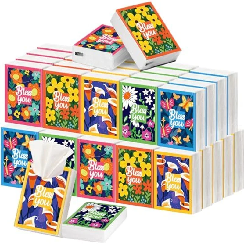 Outus 50 Pac Floral Bless You Pocket Tissues Travel Size, 3 Ply Small Unscented Facial Tissues Packs, Soft & Gentle Purse Tissue for Travel, Wedding, Back to School Supplies, 400 Sheets Total, Assorted Color