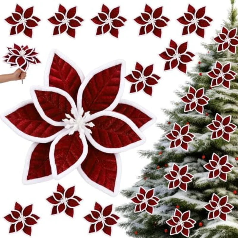 Outus 12pcs 9" Large Christmas Poinsettia Flowers Artificial Decor,Burgundy