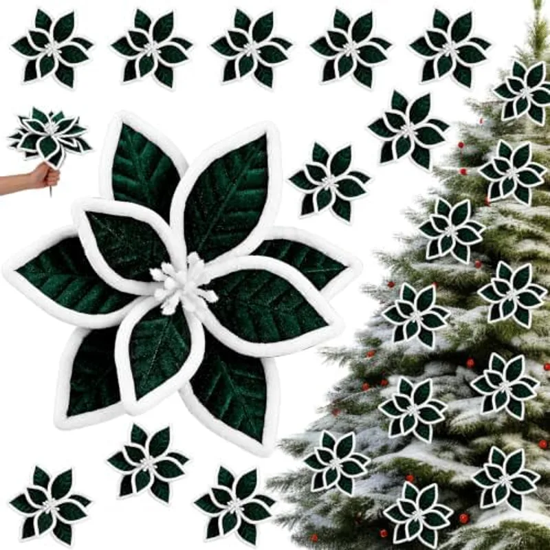Outus 12pcs 9" Large Christmas Poinsettia Flowers Artificial Decor,Green