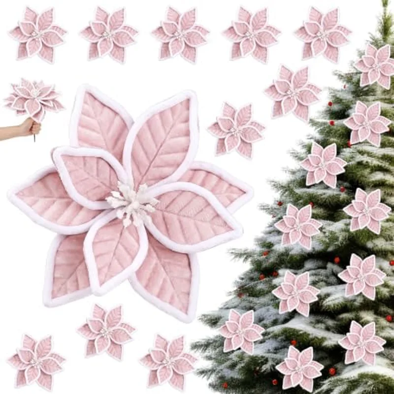 Outus 12pcs 9" Large Christmas Poinsettia Flowers Artificial Decor,Pink