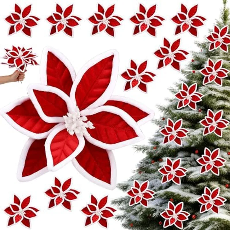 Outus 12pcs 9" Large Christmas Poinsettia Flowers Artificial Decor,Red