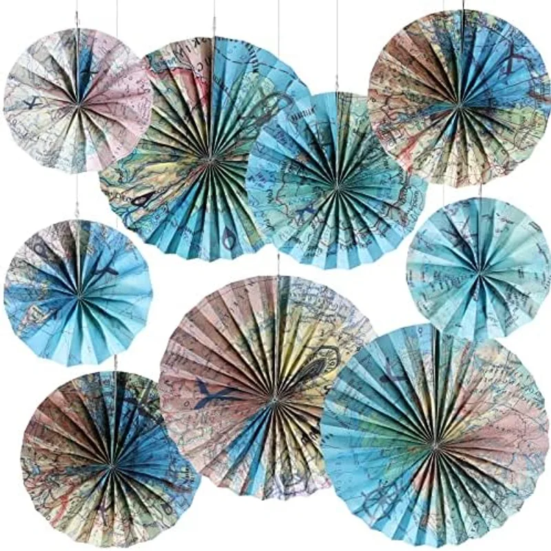 Outus 9 Pcs 9 Pcs Travel the Map Hanging Paper Fans Decorations, Travel