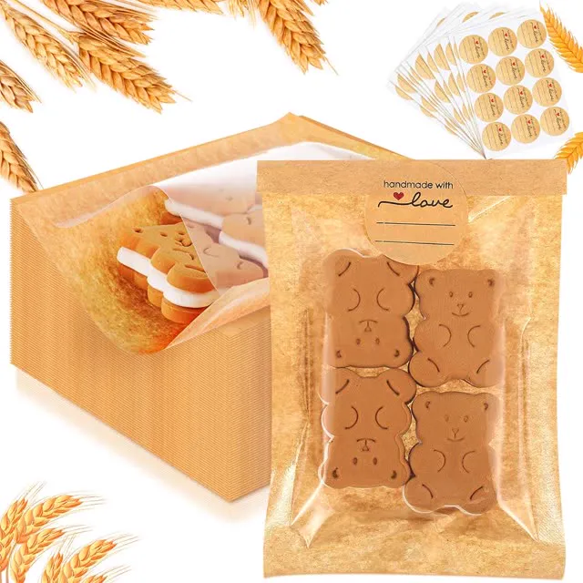 Outus 100 Pcs Cookie Packaging Bags with Seal, 4 x 6 Inch Bakery Pastry Bags with Window, Heat Sealable Grease Resistant Paper (Brown)