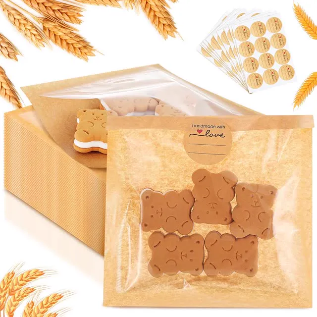 Outus 100 Pcs Cookie Packaging Bags with Seal, 5 x 5 Inch Bakery Pastry Bags with Window, Heat Sealable Grease Resistant Paper (Brown)