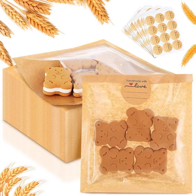 Outus 200 Pcs Cookie Packaging Bags with Seal, 5.7 x 6.5 Inch Bakery Pastry Bags with Window, Heat Sealable Grease Resistant Paper (Brown)