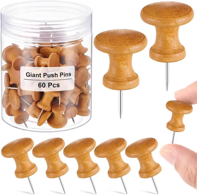 Outus 60 Pcs Giant Push Pins Jumbo Tacks 1/1.8inch Plastic Head for Cork Board Map Posters Decorations Gifts Office School Supplies (Deep Wood)