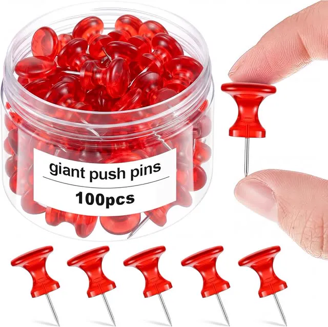 Outus 100 Pcs Giant Push Pins Large Thumb Tacks Plastic Heads 1 Inch Jumbo Push Pins for Cork Board Map Posters Office School (Red)