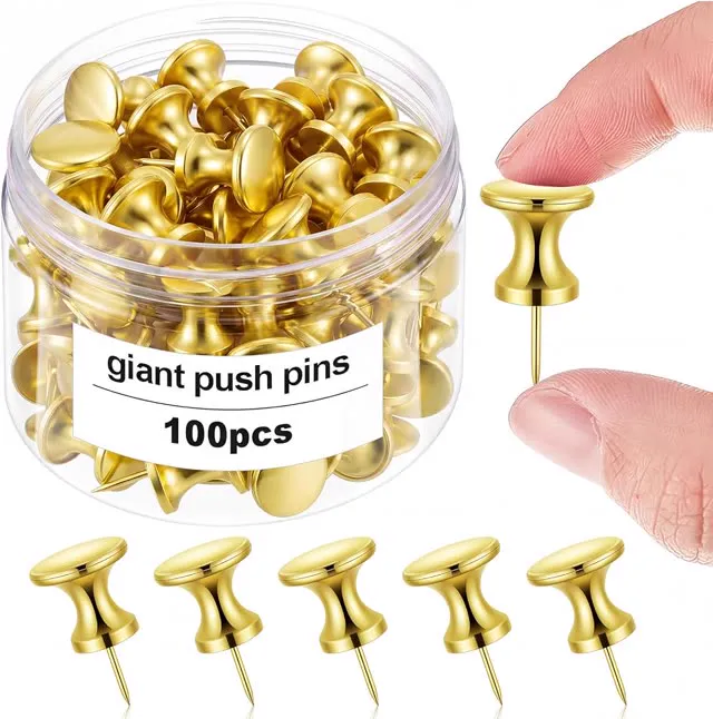 Outus 100 Pcs Giant Push Pins Large Thumb Tacks Plastic Heads 1 Inch Jumbo Push Pins for Cork Board Map Posters Office School (Gold Coating)
