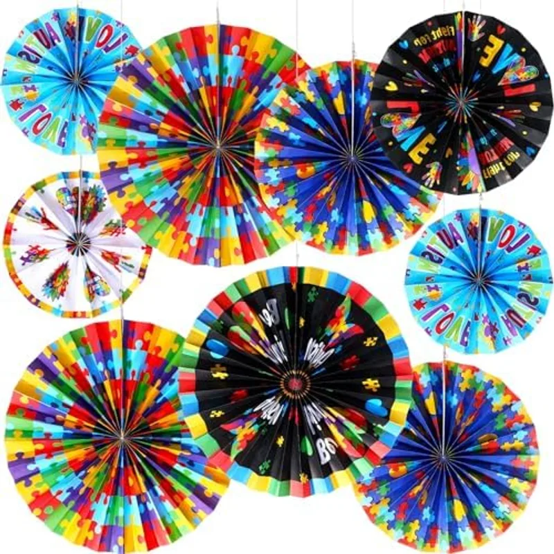 Outus Autism Awareness Hanging Decorations Paper Fans Colorful Puzzle Piece Classroom Decorations for April Autism Awareness Gifts, Multi Color