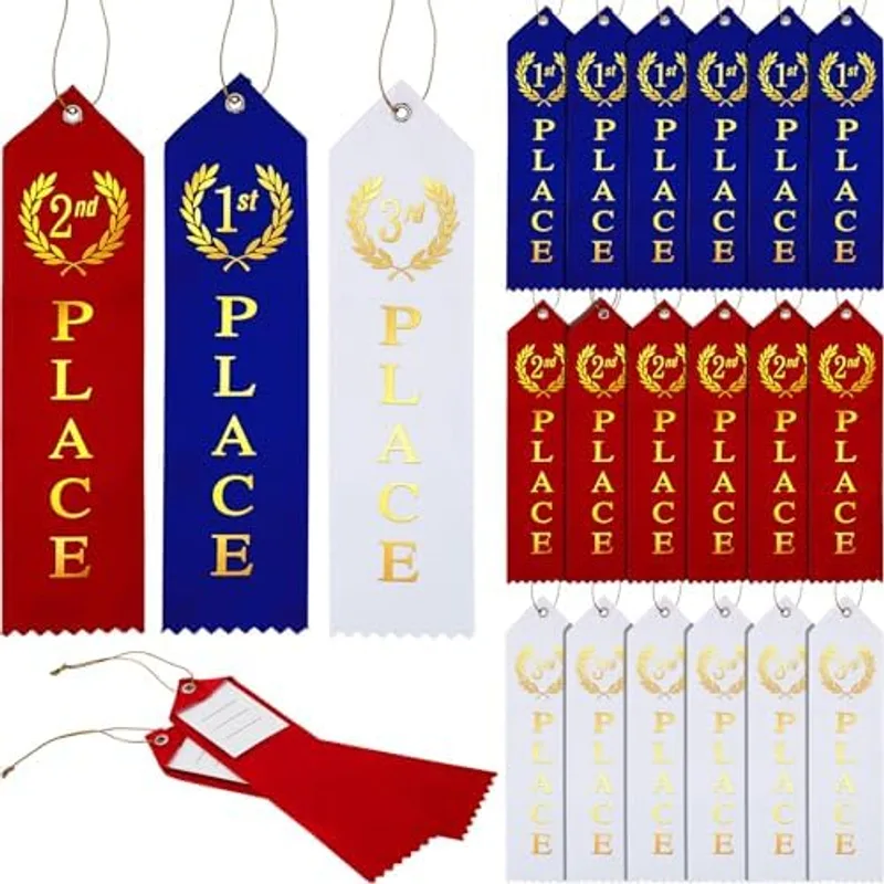 Outus Award Ribbons 1st, 2nd, 3rd Place Flat Carded Set First Place Prizes with Event Card and Rope for Field Day, Competition, Sports Event, School, Contests, Blue Red White