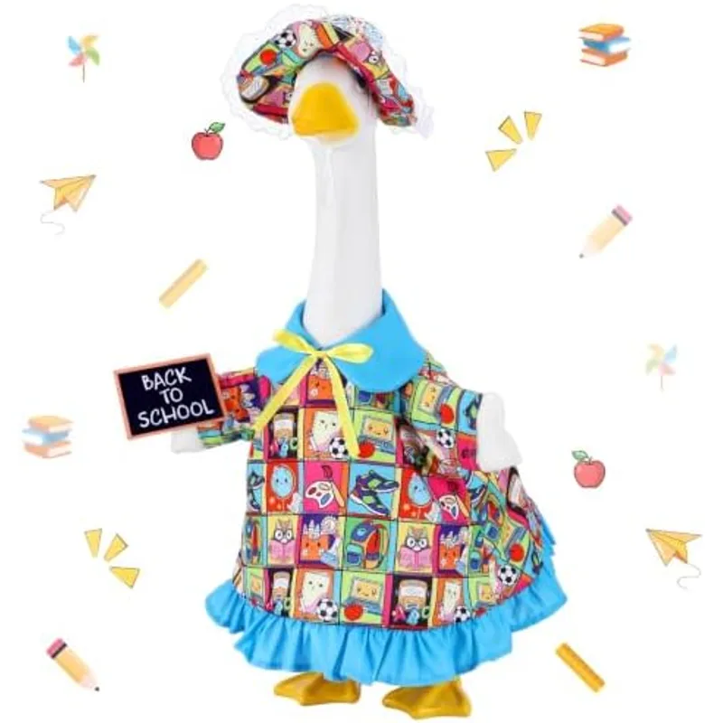 Outus Back to School Porch Goose Outfit with Blue Sun Hat and Shirt, Cartoon School