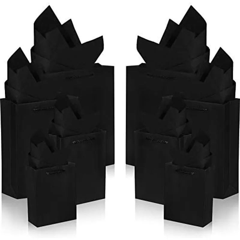 Outus 24 Pack Black Gift Bags with Handles, Tissue Paper, Variety Size