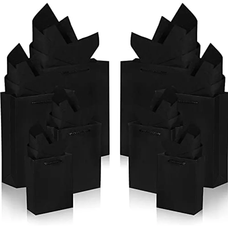 Outus 48 Pack Black Gift Bags with Tissue Paper Kraft Bags 4 Sizes