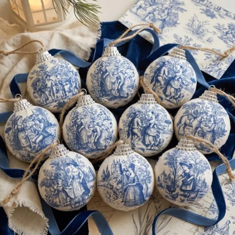 Outus 16 Pcs Blue and White Toile De Jouy Christmas Ball Ornaments for Tree, Rustic