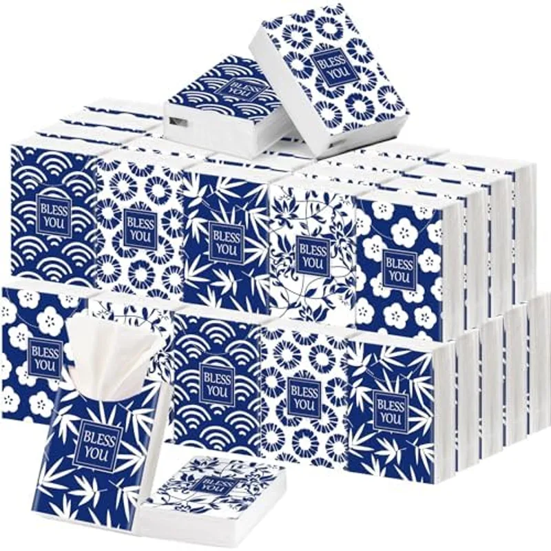 Outus 50 Pack Blue Japanese Pattern Travel Size Pocket Tissues