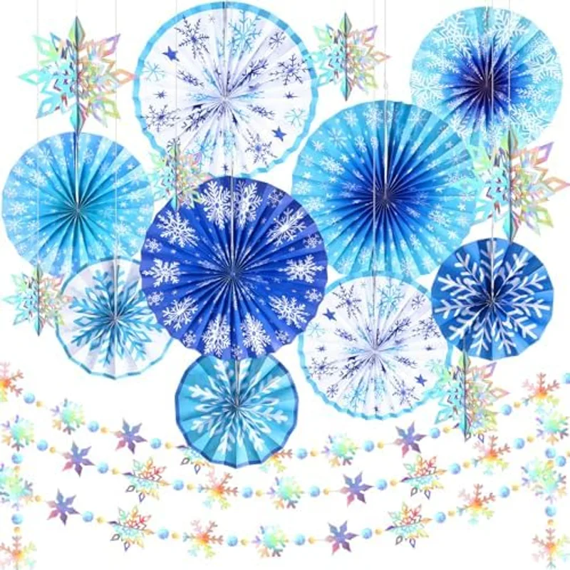 Outus 16 Pcs Blue Snowflake Party Decorations, 3D Winter Paper Fans, Mainly Blue, White