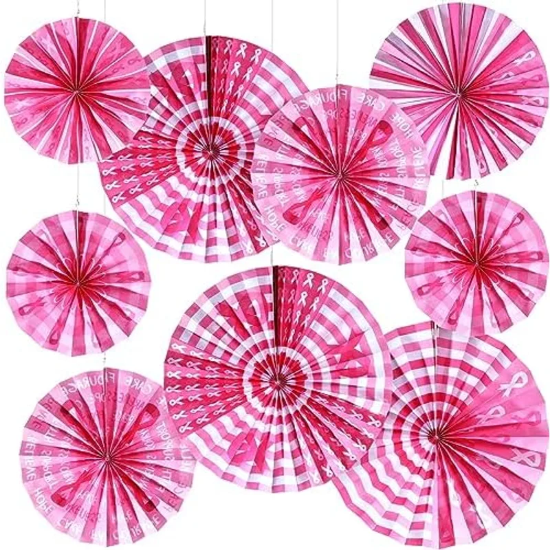 Outus 9 Pcs Breast Cancer Awareness Party Decoration Pink Ribbon Paper Fans