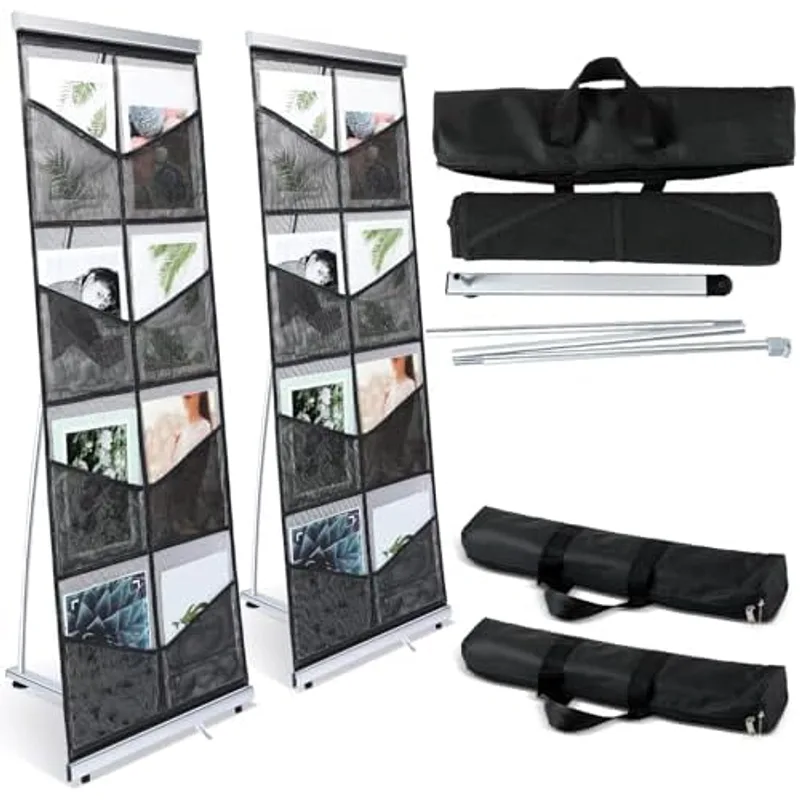 Outus 2 Pcs Brochure Stand Holder with 8 Pockets Mesh Literature Rack Floor Portable Magazine Display Stand Standing Brochure Rack for Trade Shows Table Top, black