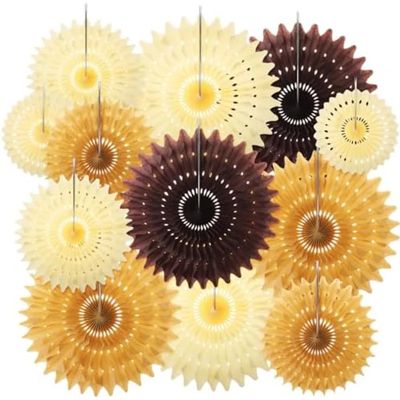 Outus 12 Pcs Brown and Beige Paper Fans, Tissue Party Decorations
