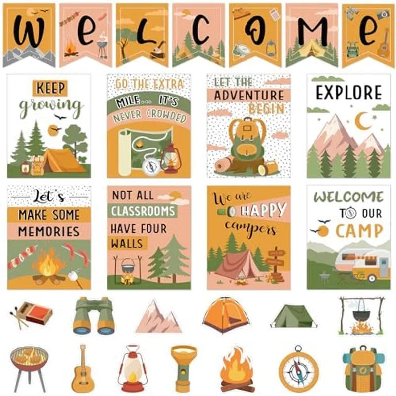 Outus 28 Pcs Camping Welcome Bulletin Board Posters Decor for Classroom, Multi Color