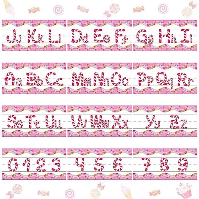 Outus 12 Pcs Candy Alphabet Bulletin Board Set Letter Cutout Alphabet Number Candy Classroom Wall Decor ABC Number Posters for Classroom Nursery Home Preschool Kindergarten School Decor, Pink