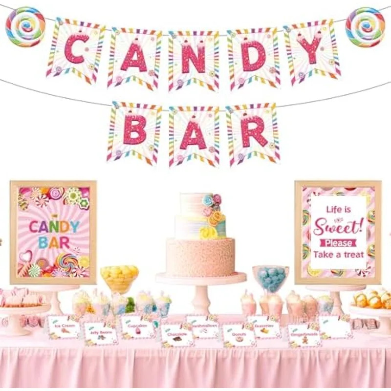 Outus 32 Pcs Candy Bar Decorations Kit with Banner Table Signs Food Labels, Multicolored, Pink