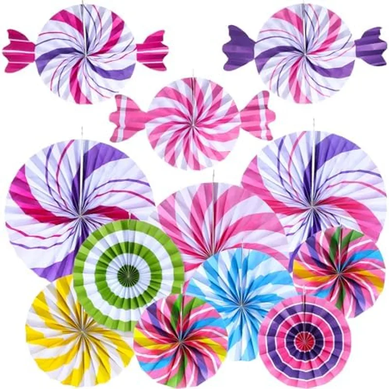 Outus 12 Pcs Candy Hanging Fans Party Decorations Pink Swirl