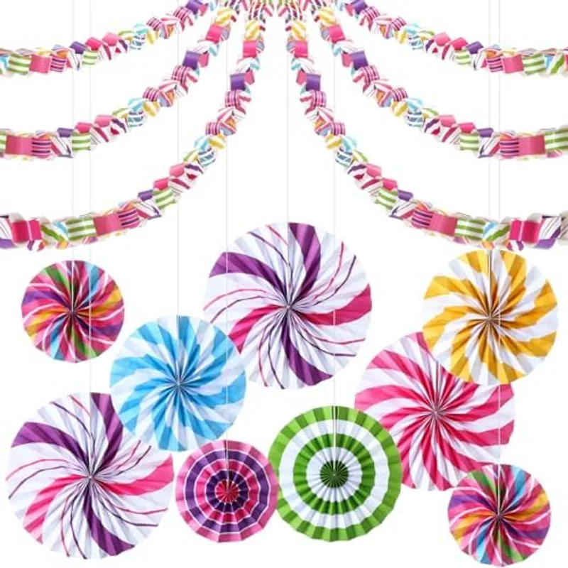 Outus 609 Pcs Candyland Party Decorations - 600 Candy Paper Chains Strips 9 Candy Paper Fans 3D Lollipop Garlands Decor Bulk for Candyland Theme Birthday Baby Shower Party Decorations Crafts Supplies, multicolour