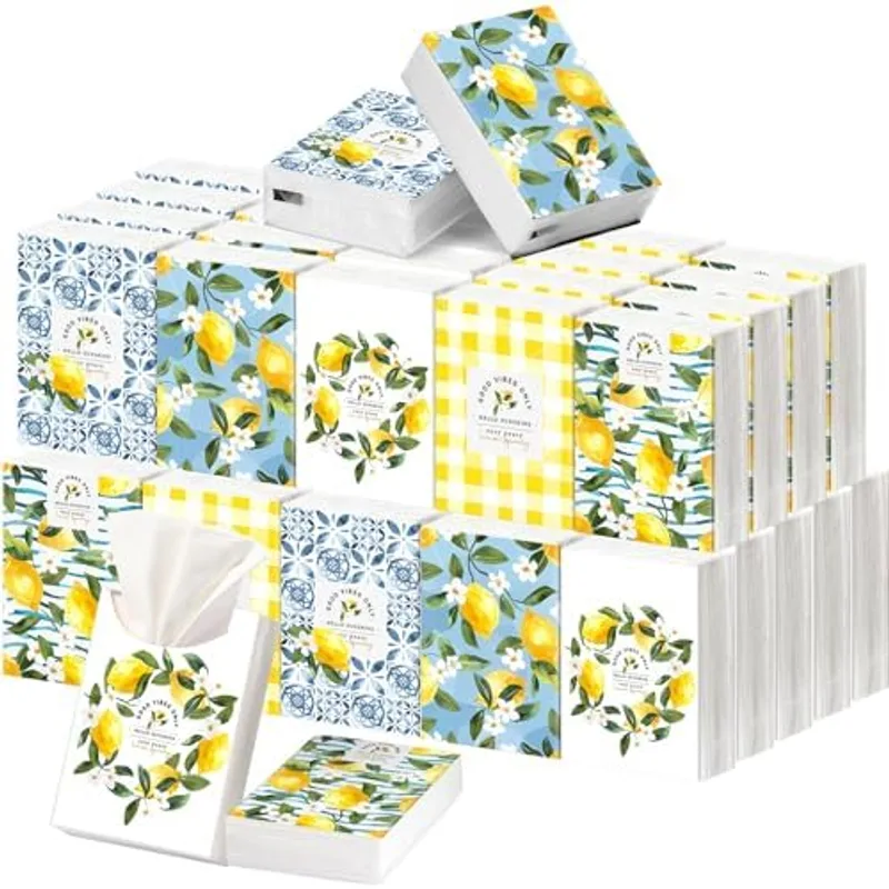 Outus 50 Pack Capri Lemons Party Favor, Travel Size Pocket Tissues, Blue Yellow