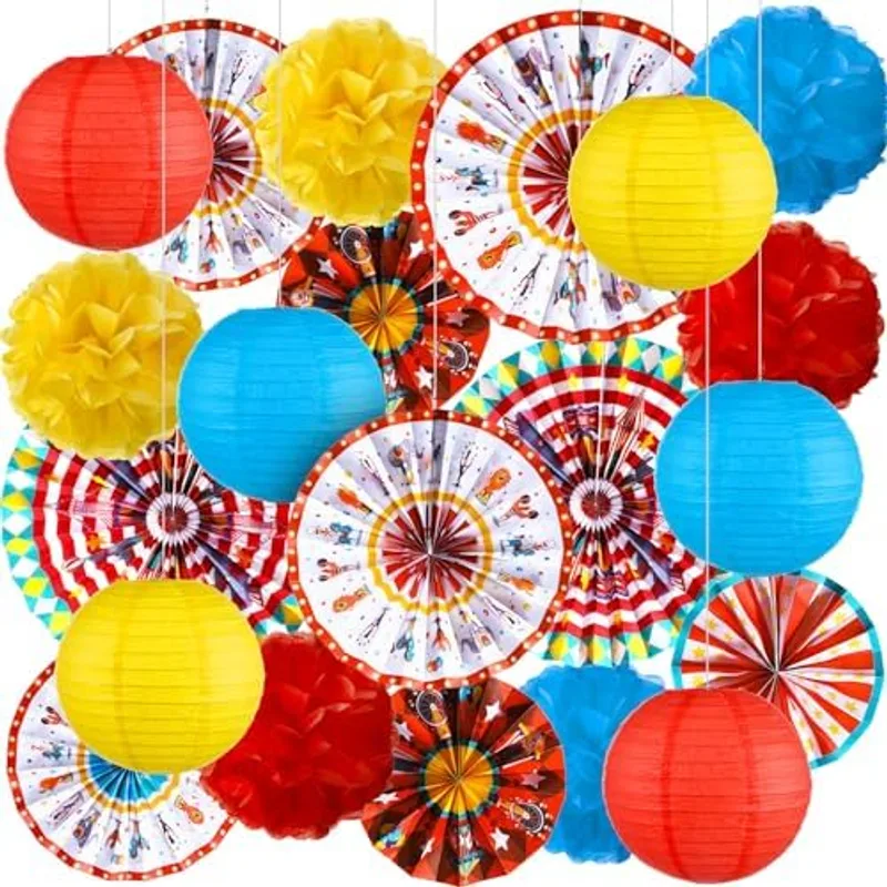 Outus 21 Pcs Carnival Party Decorations Circus Hanging Paper Lanterns Fans, Multicolor