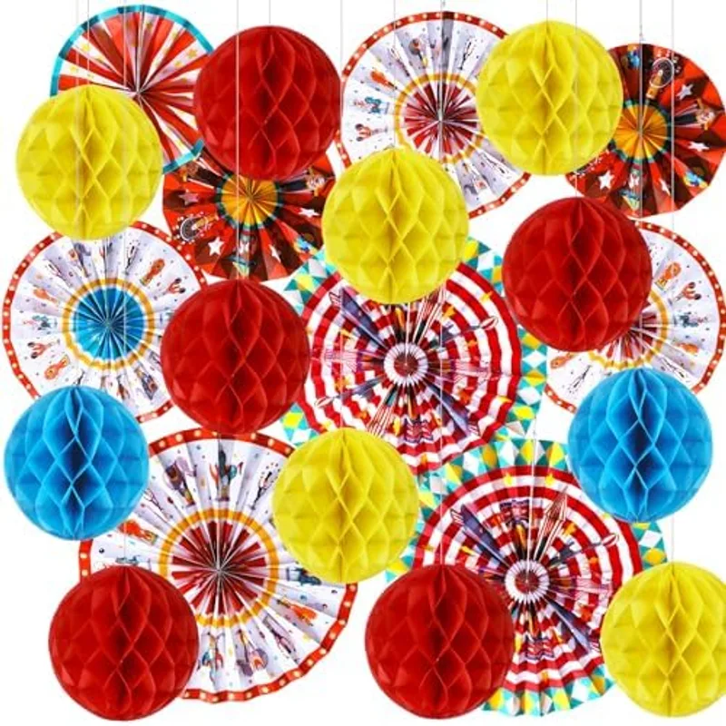 Outus 21 Pcs Carnival Party Decorations with Circus Hanging Paper Fans Red Yellow Blue Honeycomb Balls for Ceiling Wall Carnival Circus Theme Birthday Baby Shower Party Favors Supplies, Red,Blue,Yellow