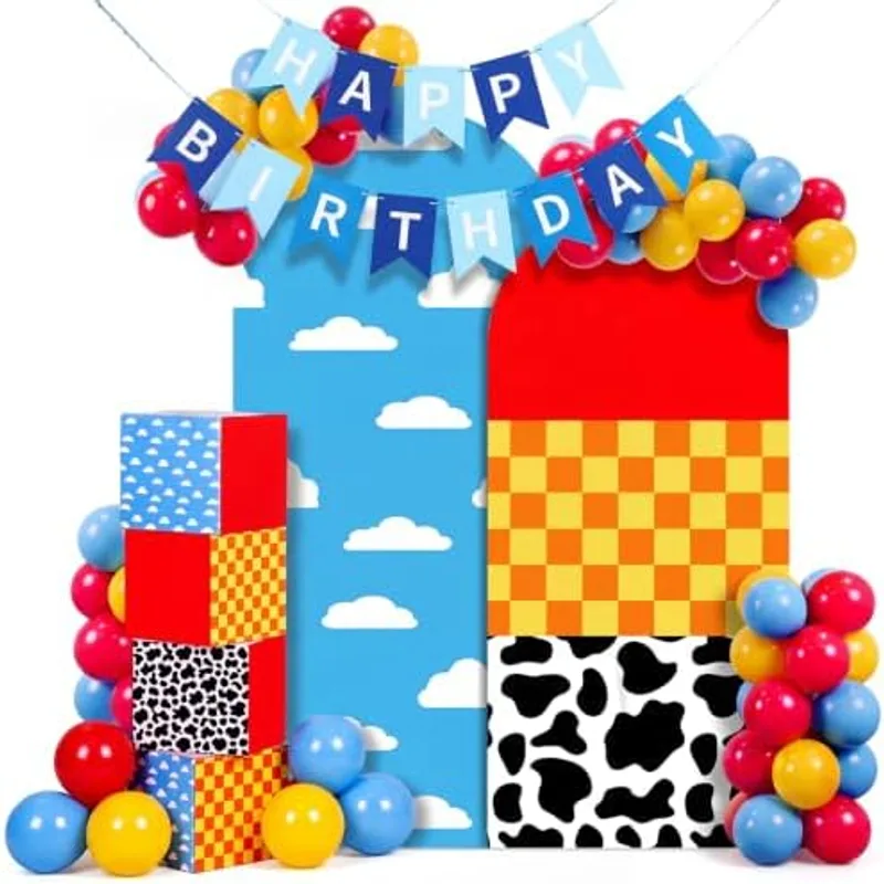 Outus Cartoon Arch Backdrop Cover Balloons Blue Sky and White Clouds Boxes Set 7.2ft/6ft Birthday Party Decorations for Photo Props Indoor Outdoor Cosplay Wedding Baby Shower Halloween Backdrop Decor