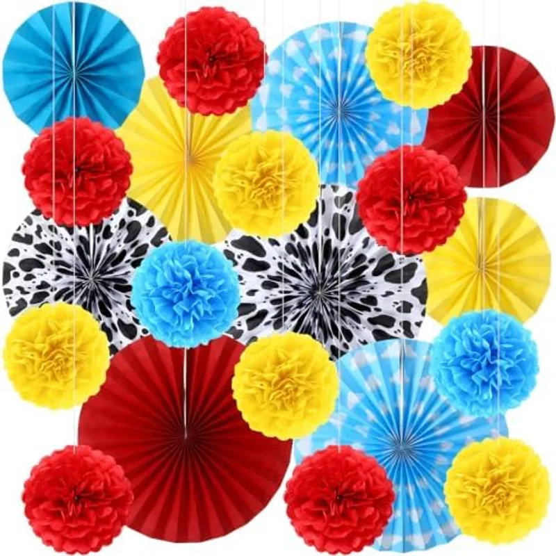 Outus 21 Pcs Cartoon Story Party Paper Fans and Tissue Pom Pom Set, Red,Blue,Yellow