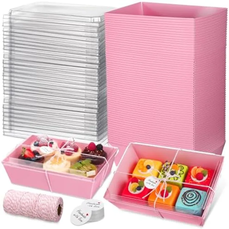 Outus 100 Pcs Charcuterie Boxes with Clear Lids 8"×6"×2.5", Pink