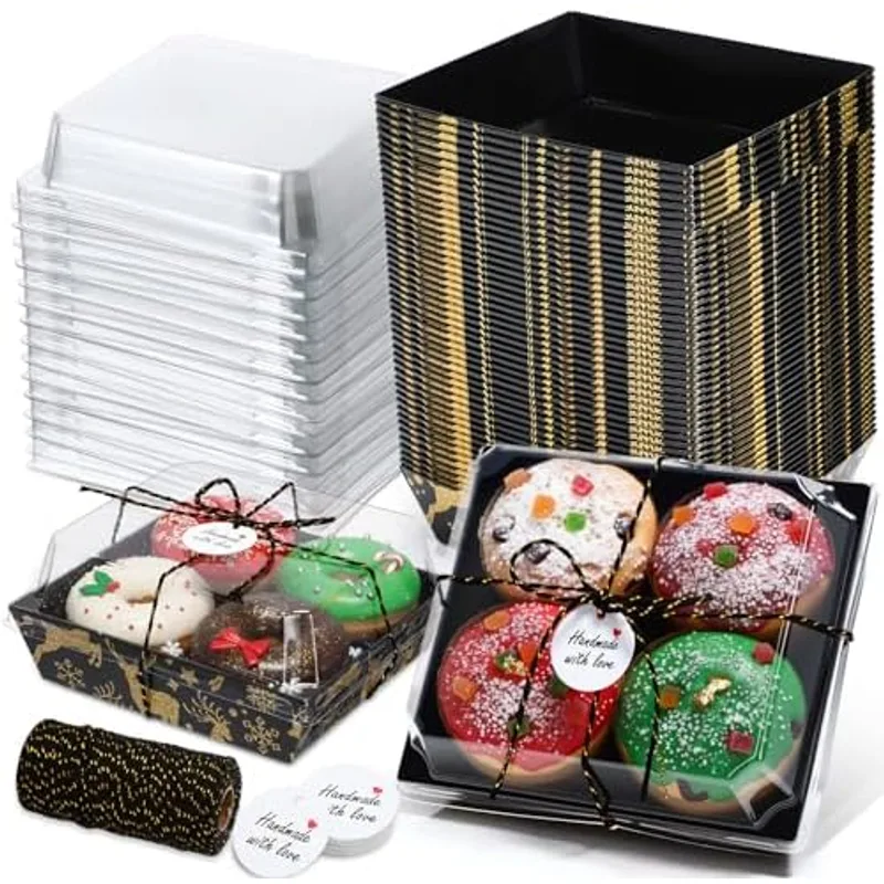 Outus 100 Pcs Charcuterie Boxes with Clear Lids, Black, Gold, Christmas, Black,Gold