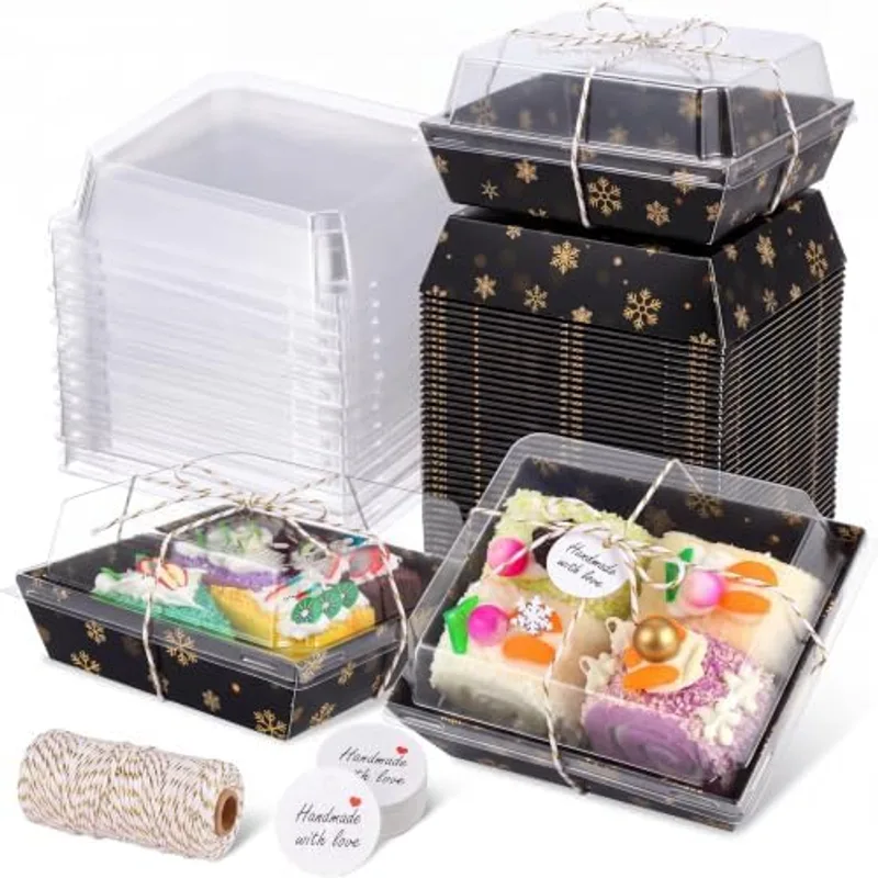 Outus 100 Pcs Charcuterie Boxes with Clear Lids, Black, Gold, Snowflake