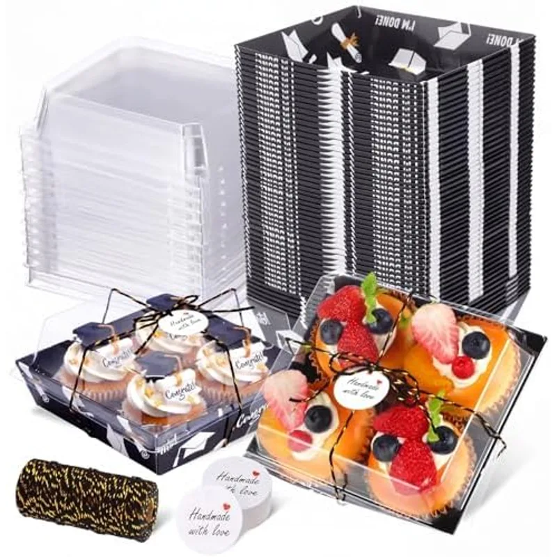 Outus 100 Pcs Charcuterie Boxes with Clear Lids, Black, Graduation