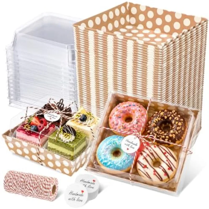 Outus 100 Pcs Charcuterie Boxes with Clear Lids, Brown, White, Polka Dots