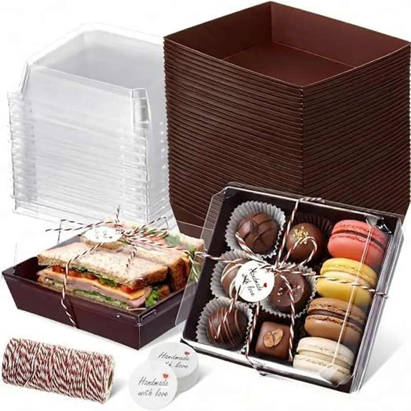 Outus 100 Pcs Charcuterie Boxes with Clear Lids, Coffee Brown, Classic