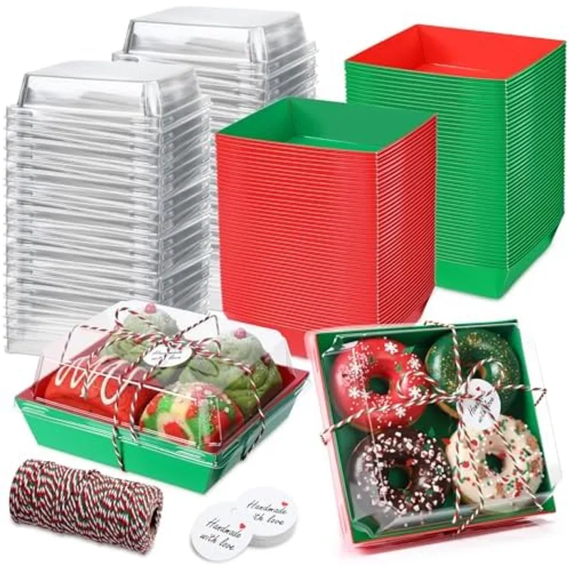 Outus 100 Pcs Charcuterie Boxes with Clear Lids, Green, Red, Christmas, Green,Red