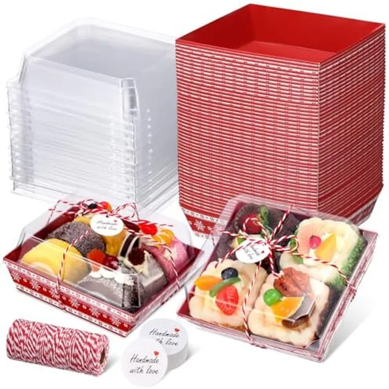 Outus 100 Pcs Charcuterie Boxes with Clear Lids, Red, White, Christmas, Red,White